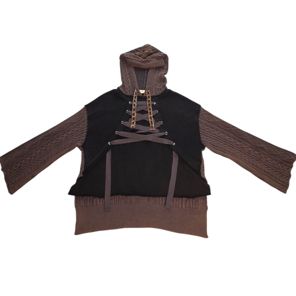 POL Rebel Lace Up Knit Hoodie Mineral Wash Brown Black Boho Grunge Small NWOT - Picture 4 of 16